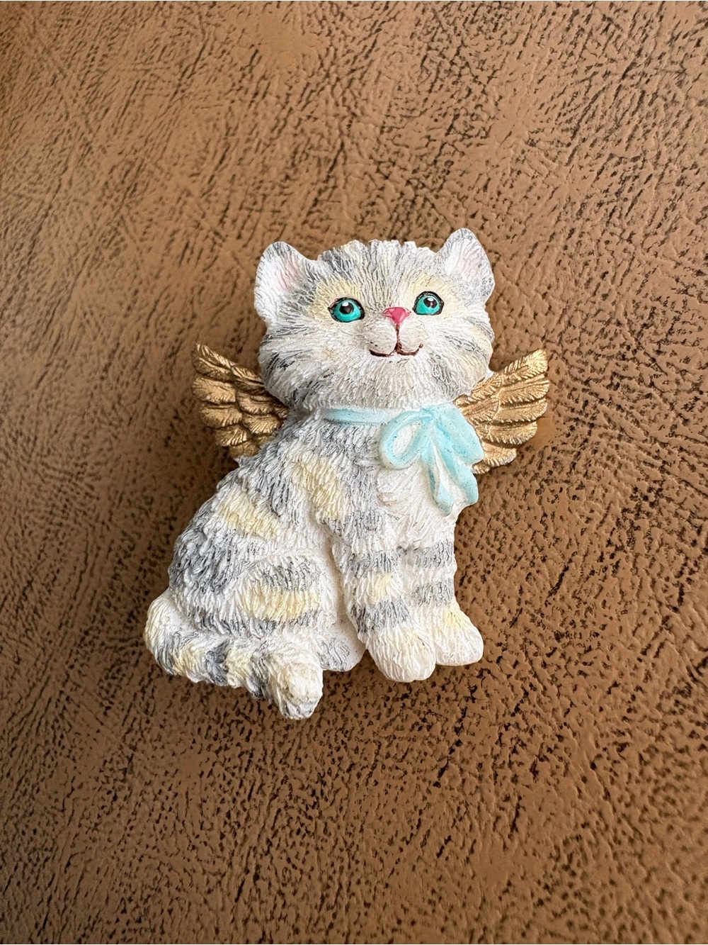 Angel Cat Figurine Brooch with Blue Bow - Pets Cat